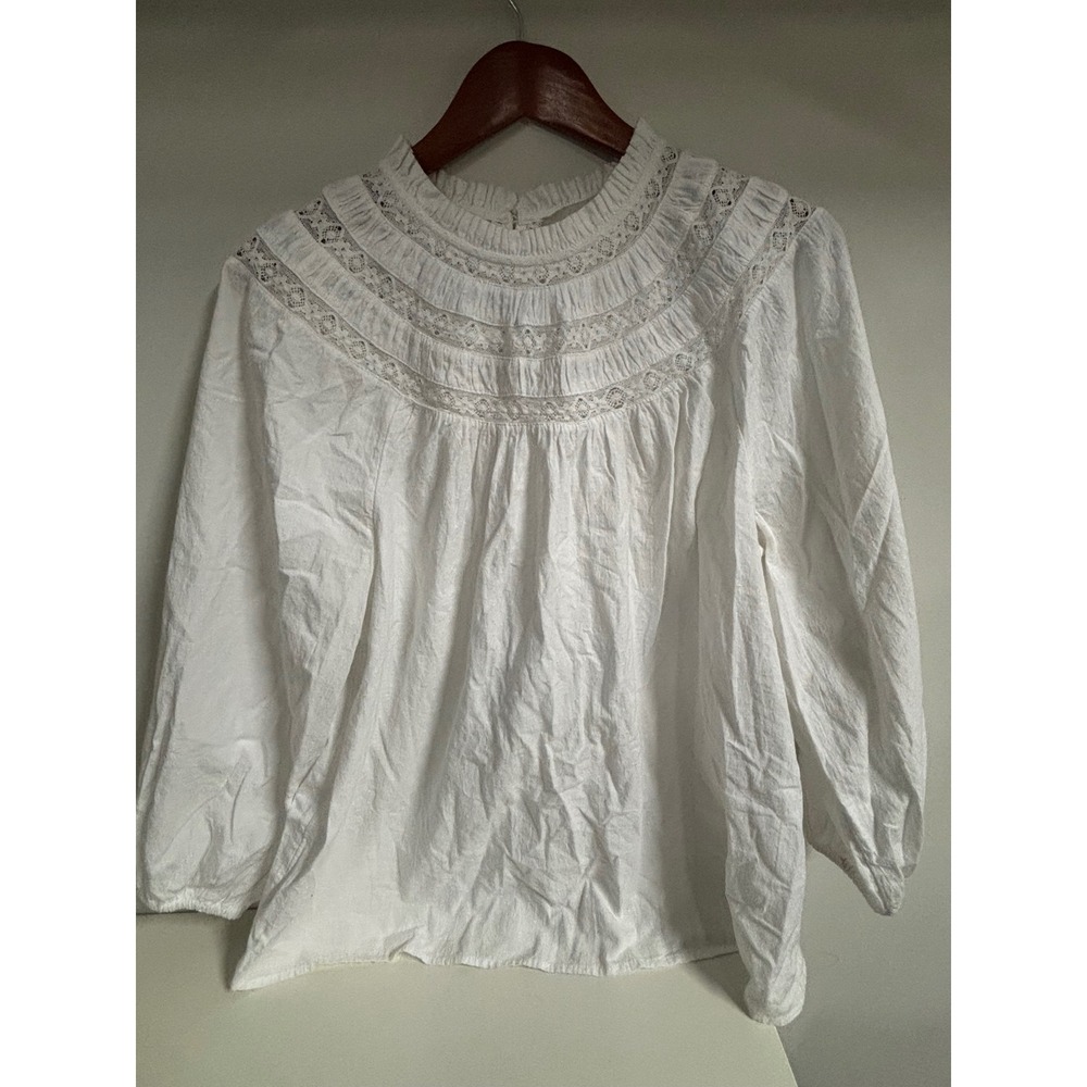 LOFT White Lace Crochet Yoke Ruffle Neck Blouse Long Sleeve Top Large